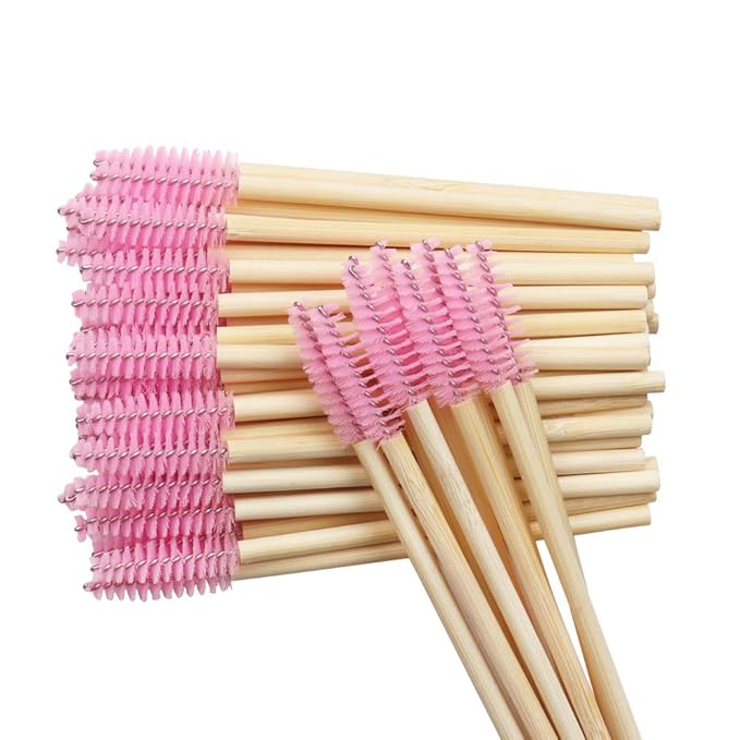 Mekupeu 100 Pcs Disposable Mascara Wands Bamboo Spoolies Brush for Eyelash Extensions Spoolie Eyelash Lash Wand Applicator Makeup Kits, Pink