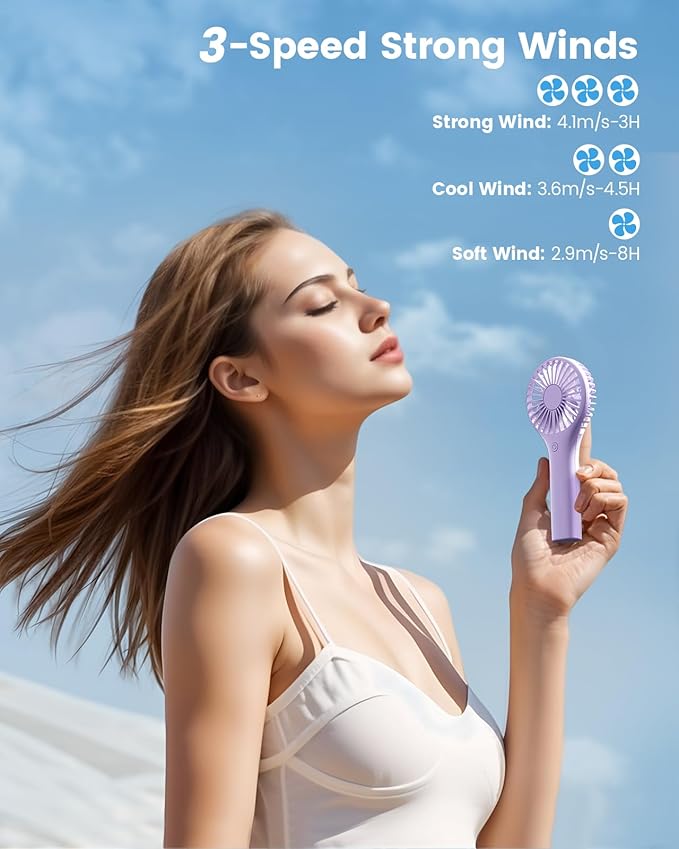 Portable Mini Fan - Powerful Personal Handheld Fan with 3 Speeds, Cute and Small, USB Rechargeable for Travel/Lash/Makeup/Outdoor/Home,Purple