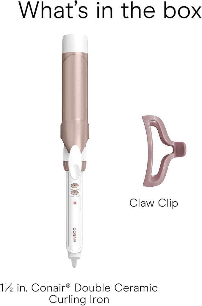Conair Double Ceramic 1 ½-Inch Curling Iron with Claw Clip, 1 ½-Inch Barrel Creates Soft Waves, Hair Waver for Use on Medium & Long Hair, White/Rose Gold