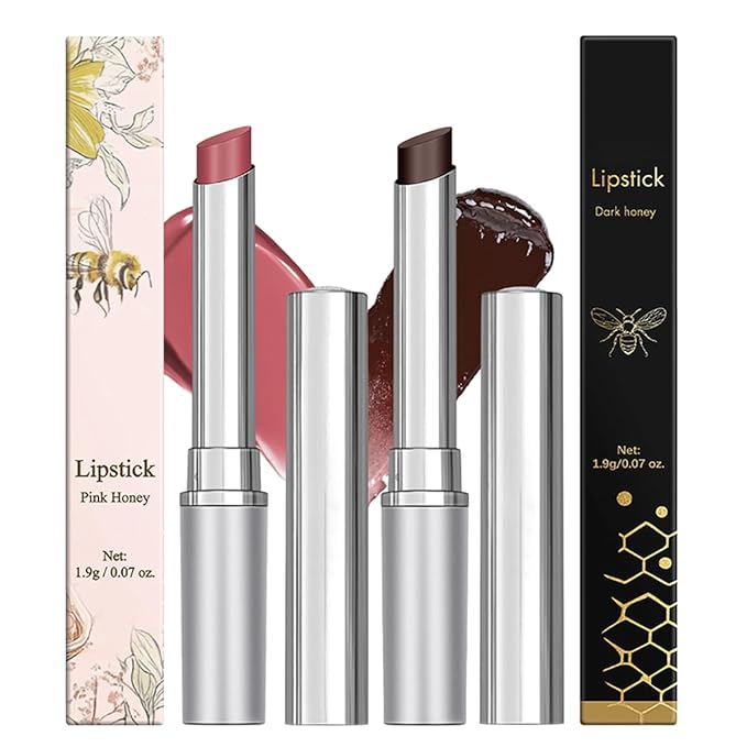 Honey Lipstick Tinted Lip Balm, Hydrating Natural Glossy Lip Color, Long-lasting Moisturizing Lip Balm Honey Collection Lipstick Set (Pink+Dark Honey, 0.07oz)