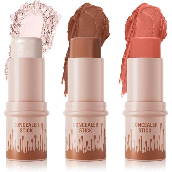 3Pcs Contour Stick Set-Creamy Contour Stick with Blush & Highlighter & Bronzer Not Greasy, Long-Lasting, Waterproof, Contouring Pen Easy to Contour the Face (C)