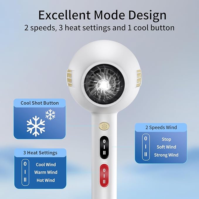 Salon Hair Dryer, Professional Blow Dryer AC Motor Fast Drying with 2 Speed, 3 Heat Setting, Cool Button, with Diffuser, Nozzle, Concentrator Comb for Curly & Straight Hair