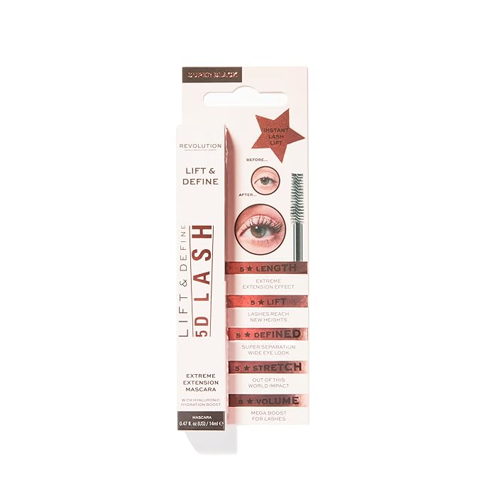 Revolution, 5D Lash Mascara, Lengthening & Volumizing Effect, Jet Black Formula, Infused with Hyaluronic Acid, Vegan & Cruelty-Free, 0.47 fl oz