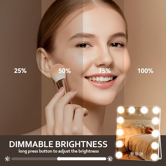 Hollywood Vanity Mirror with Lights, 9.8" x 11.8" Lighted Makeup Mirror with 12 LED Dimmable Bulbs, 3 Color Modes, USB Charging Port Touch Control, 360°Rotation