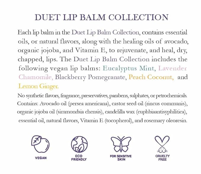 Duet Lip Balm Collection, Vegan Set, Beeswax Free, with Organic Jojoba, and Avocado Oil, Vitamin E, Natural Moisturizer for Dry, Chapped Lips, 5 Tube Set