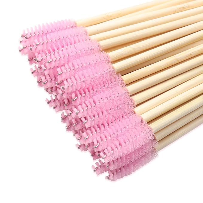 MyAoKuE-UP 100 Pack Bamboo Handle Mascara Wands Disposable Eyelash Brushes Lash Extension Tool, Pink