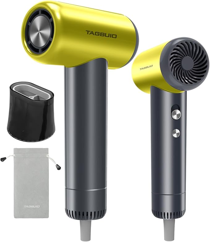 Hair Dryer, TAGBUIO 110,000 RPM High-Speed Hair Dryer for Fast Drying, Thermo-Control Negative Ionic Care, Compact Travel Blow Dryers Magnetic Nozzle, Low Noise Portable Blow Dryers for Home Yellow