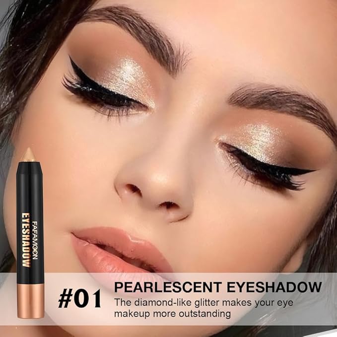 Monochrome Cream Shimmer Glitter Eyeshadow Pencil Stick for Women, Shimmer Light Gold Eye Shadow Eyeliner Pencil Sticks Makeup, sombras para ojos, Waterproof, Vegan & Cruelty-Free, 01#