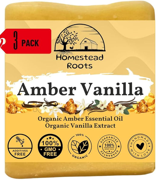 -Amber Vanilla- Handcrafted with Grass-Fed Beef Tallow and Organic Oils - Scented with Organic Essential Oils - Artisanal Bar Soap - 3 Pack - Each Bar Unique