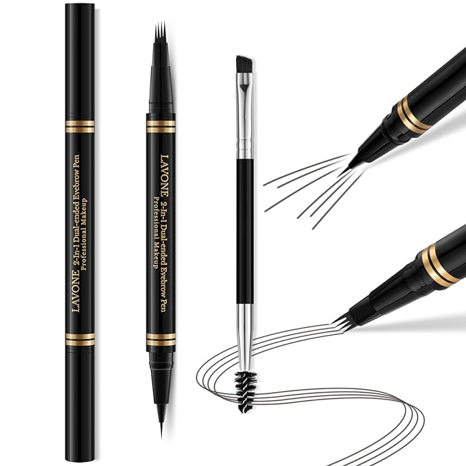 Eyebrow Pen,2-in-1 Waterproof Eyebrow Pencil with 4 Tip Microblading Brow Pen and Ultra-Precise Brow Pencil,with Dual-ended Eyebrow Brush,Eyebrow Makeup for Natural Looking - Dark Grey