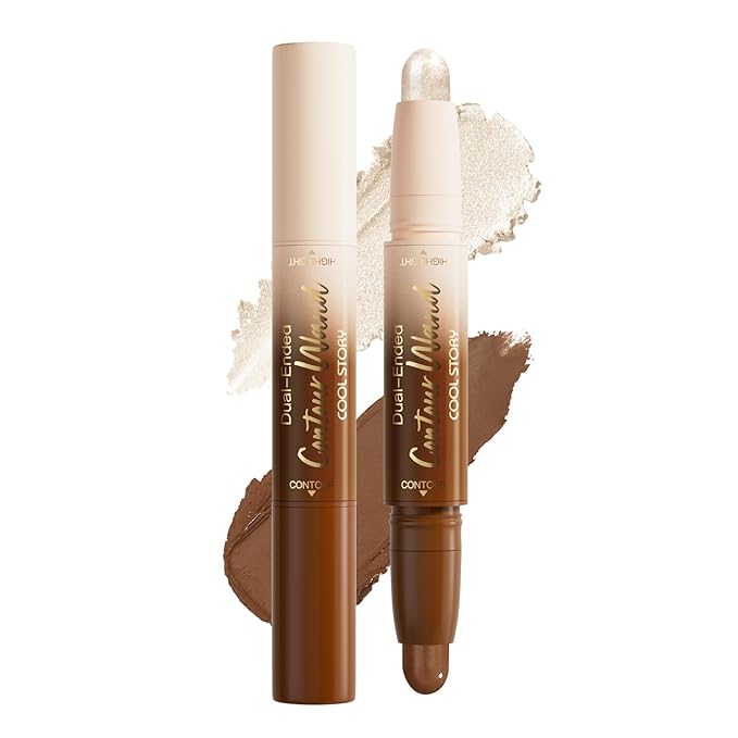 Nuetral Nude + Silver Shimmer Contour Stick Dual Ended Face Body Makeup Waterproof no Transfer, 2 in 1 Cream Concealer Stick Contouring Makeup Kit, Nose Contour Bronzer Sticks Face Highlighter Make up