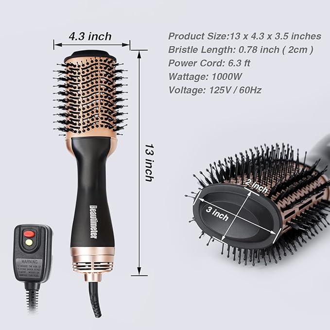 Beautimeter Blow Dryer Brush, Hot Air Brush One Step Hair Dryer and Styler Volumizer, 4 in 1 Negative Ionic Hair Styler with Oval Barrel for Smooth, Frizz-Free Hair Types, Black & Gold