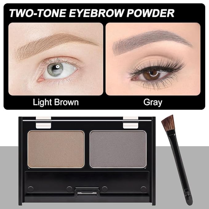 Eyebrow Powder Kit, Long-Lasting Waterproof Two Colors Matte Brow Powder, Eye Brow Powder for Women with Double-ended Eyebrow Brush, Purse-Friendly Compact (A01# Light Brown+Grey, 1Pcs)