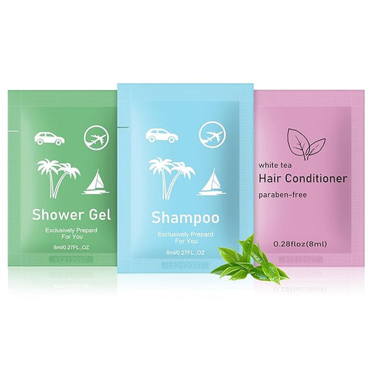 Body Wash Shampoo Conditioner Set Travel 0.28fl Oz,Travel Size Shower Gel Set,Shampoo and Conditioner Travel Bulk,Hotel Supplies Bulk Hygiene Kits for Homeless Guests Hotel (100)