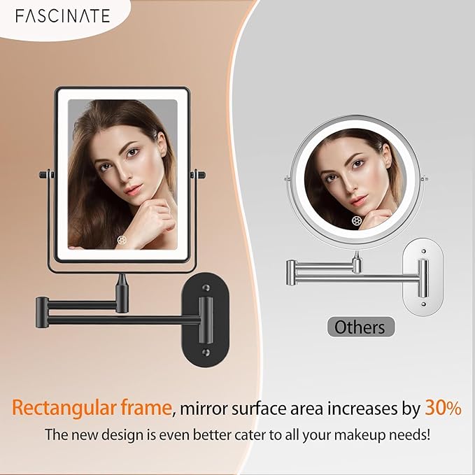 FASCINATE 5000mAh Rechargeable Wall Mounted Makeup Mirror, 8.7" Double Sided Touch Switch 1X 30X Rectangle Magnifying Mirror with Light, 3 Color Setting, Extended Arm 360° Swivel Foldable Black
