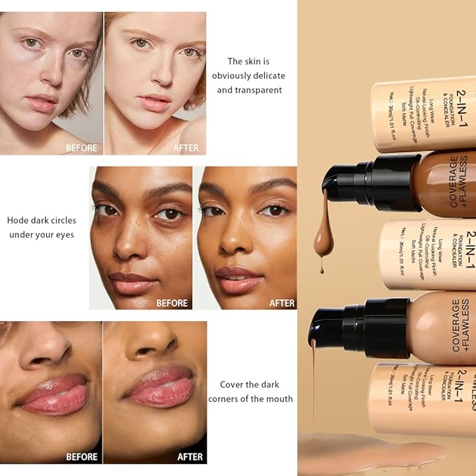 2 in 1 Foundation Concealer, Lightweight Creamy Long Lasting Face Makeup for Combination Oily Skin, Conceals Dark Circles Under Eyes Dark Spots and Blemishes, Vegan Cruelty-Free, Medium Tan