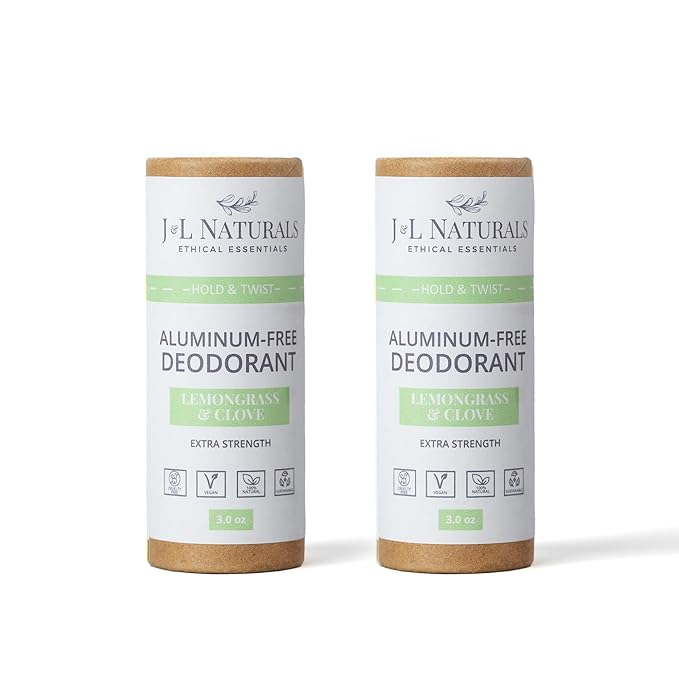 J&L Naturals Aluminum Free Deodorant for Men & Women | 100% Natural Ingredients With Coconut Oil, Shea Butter, & Essential Oils | Sustainable, Eco-Friendly (Lemongrass & Clove, 3.0 Oz (Pack of 2))