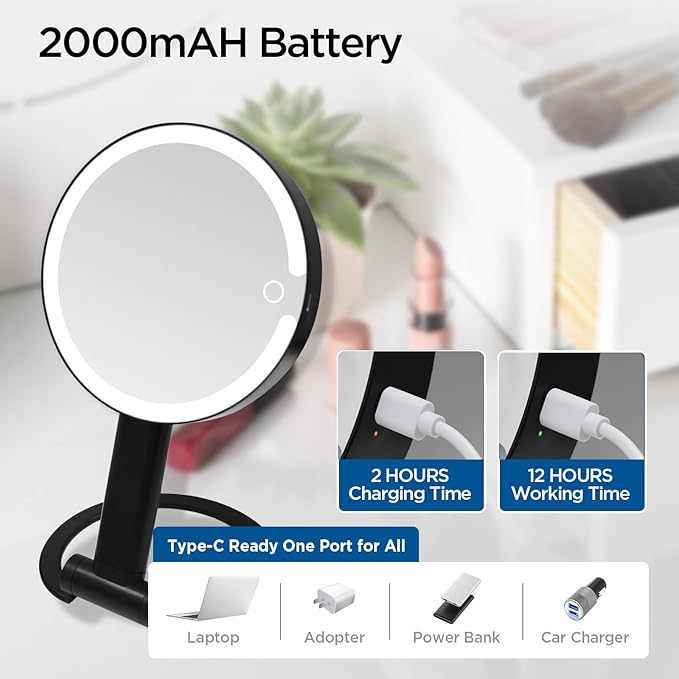 Lighted Makeup Mirror with 3 Color Modes & Dimmable Brightness, 360° Rotation, Double-Sided 1X/10X Magnifying Mirror, Rechargeable Portable Vanity Mirror for Home and Travel, Touch Control - White