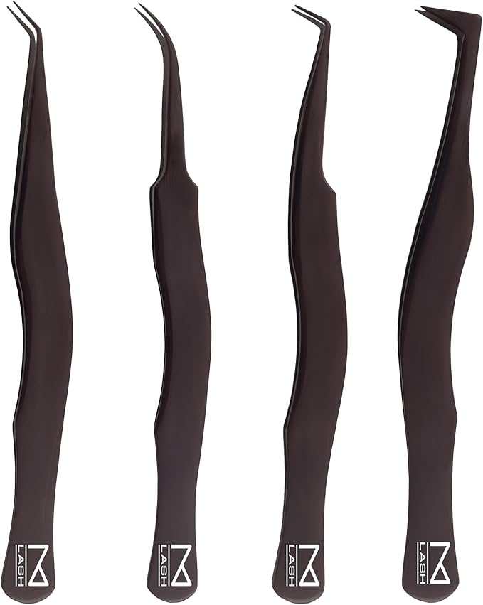 M LASH Eyelash Tweezers for Eyelash Extensions (Set of 4) - Professional Lash Extension Tweezers - Fiber Tip Lash Tweezers, Japanese Steel, Diamond Grip For Flawless Application (Black)