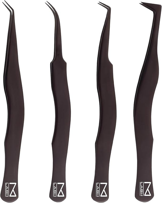 M LASH Eyelash Tweezers for Eyelash Extensions (Set of 4) - Professional Lash Extension Tweezers - Fiber Tip Lash Tweezers, Japanese Steel, Diamond Grip For Flawless Application (Black)