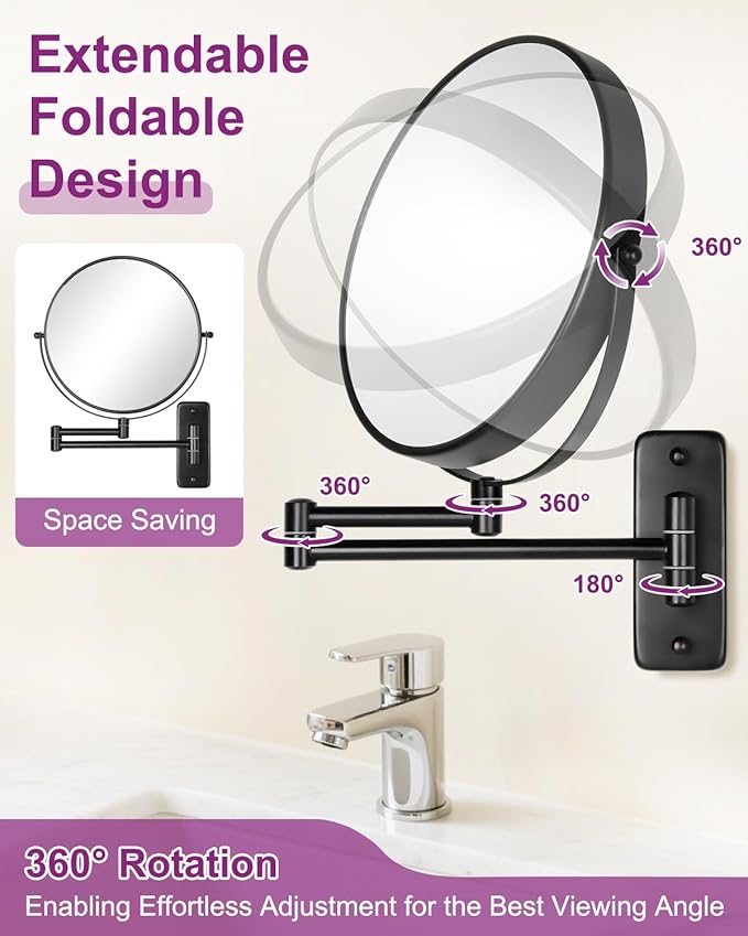 20X/1X Wall Mounted Makeup Mirror, 9 Inch Double Sided Magnifying Bathroom Mirror, Large Size 360° Swivel Extendable Vanity Mirror for Shaving, Black