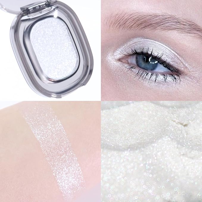 Eyeshadow Single Shimmer, Monochrome Glittler Eyeshadow Palette, Pressed Glitter Single Eyeshadow, Everyday Low Saturation Delicate Long-Lasting Eye Makeup Looks Eye Shadow White 02