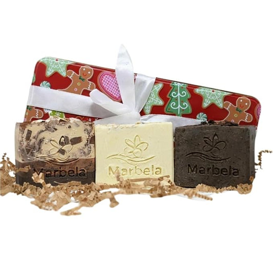 Marbela Cosmetics Santa’s Cookies Handmade Soap Gift Box – Chocolate Chunk, Natural Oats & Espresso Palm Oil Free, Natural Bar Soaps Gentle Face & Body Soaps for Daily Skin Care, Made in USA, Vegan