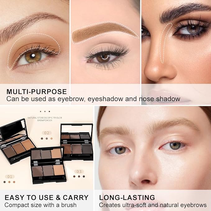 Brow Powder Kit – Long-Lasting 3-Color Brow Filler for Full, Defined Natural Brows, Contour Palette with Double-Ended Brush, sombra para cejas (01)