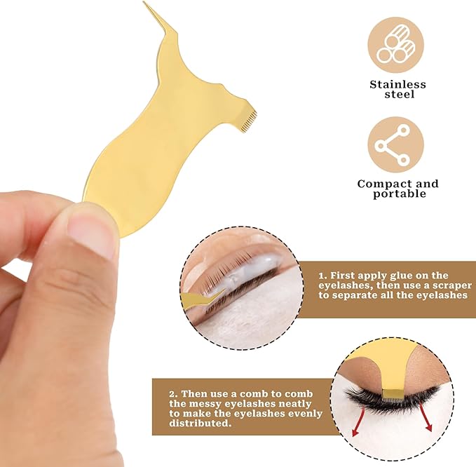 Lash Lift Comb, Stainless Steel Y Shape Eyelash Perm Tool Eyelash Brush Reusable Eyelash Comb Eye Makeup Tool Eyelash Separator Tool Lash Comb for Lash Lift and Tint (Gold)