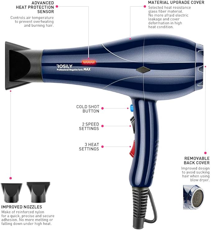 ROSILY Professional 2200W Ionic Ceramic Hair Dryer | Fast Drying Salon Quality Blow Dryer with Nozzle Attachments for Smooth Shine and Silky Hair | Extra Long Cord and Faster Drying Time