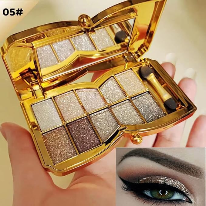 Glitter Eyeshadow Palette Makeup Set,10 Colors Shimmer Eyeshadow Palette Gold Eyeshadow Highly Pigmented Long Lasting Waterproof Sweatproof Professional Nude Eyeshadow