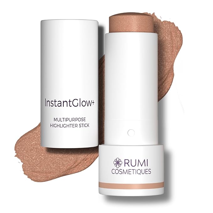InstantGlow+ Multipurpose 4-in-1 Highlighter Stick For Older Women - Radiant Glow & Nourishing Formula - For Face, Shoulders, Decolletage - For Sensitive Eyes (Cinnamon, Regular)
