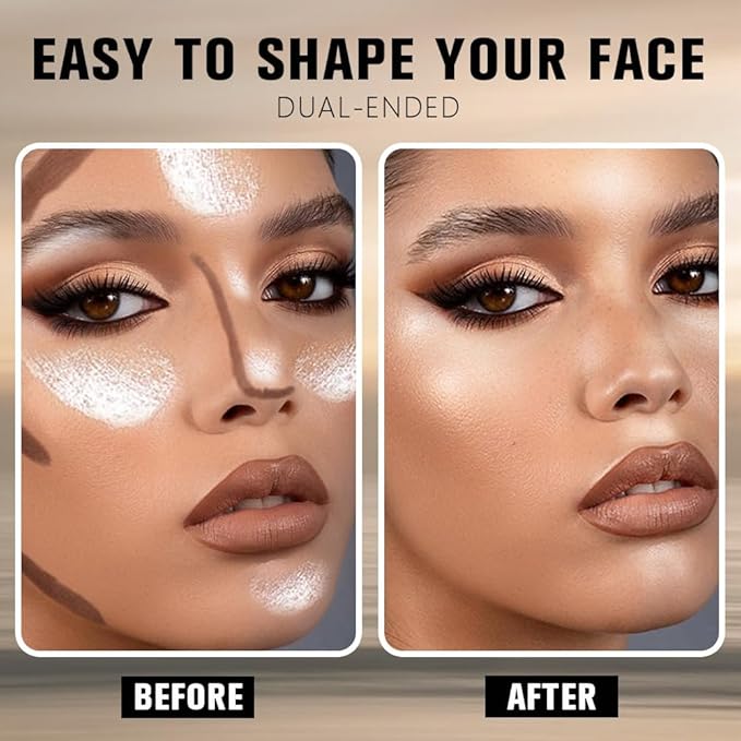 2in1 Nuetral Nude+Silver Shimmer Cream Contour Highlighter Stick, Dual-Ended Highlighter Makeup Contour Stick, Contour Stick Dual Ended For Face Body Makeup, Long Lasting Waterproof for All Skin Tones