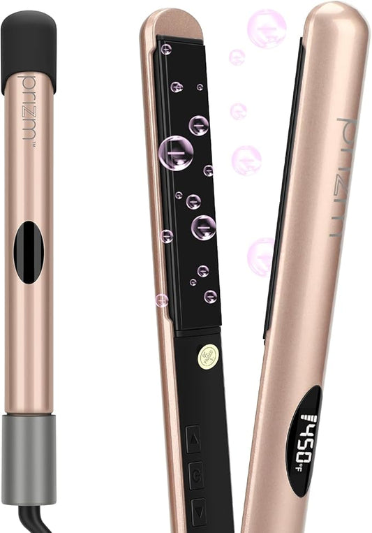 Prizm Professional 1" Hair Straightener and Curler 2 in 1, Ceramic Tourmaline Flat Curling Iron with 11 Adjustable Temperatures for More Hair Types, Dual Voltage for Travel, Gold & Rock Grey