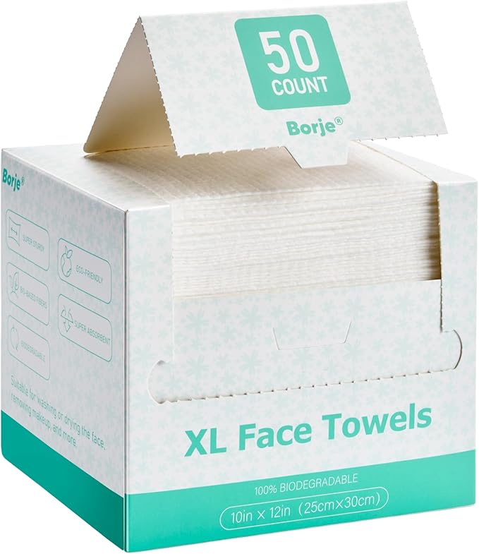 Borje Face Towels XL, Disposable Face Towel 10" x 12", 50 Count, 100% USDA Biobased Facial Towelettes, Ultra Soft & Thick Makeup Remover Wipes for Women Cleansing