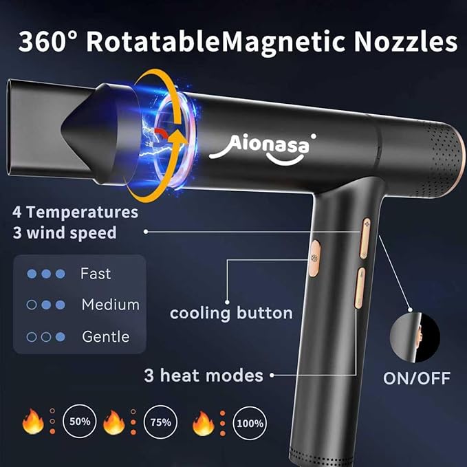 Hair Dryer, High Speed Ionic Blow Dryer with Brushless Motor for Fast Drying, Lightweight, Low Noise Compact Hair Blow Dryer, Hairdryer with 1 Magnetic Nozzle Attachments for Salon Home Travel