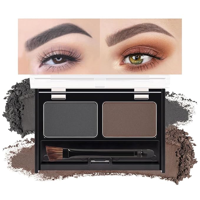 Eyebrow Powder Kit, Long-Lasting Waterproof Two Colors Matte Brow Powder, Eye Brow Powder for Women with Double-ended Eyebrow Brush, Purse-Friendly Compact (A04# Dark Brown+Dark Grey, 1Pcs)