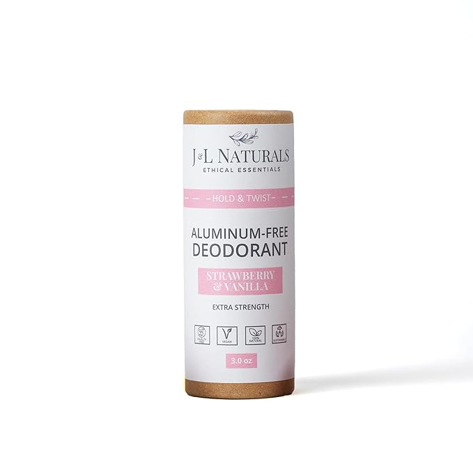 J&L Naturals Aluminum Free Deodorant for Men & Women | 100% Natural Ingredients With Coconut Oil, Shea Butter, & Essential Oils | Sustainable, Eco-Friendly (Strawberry & Vanilla, 3.0 Oz (Single))