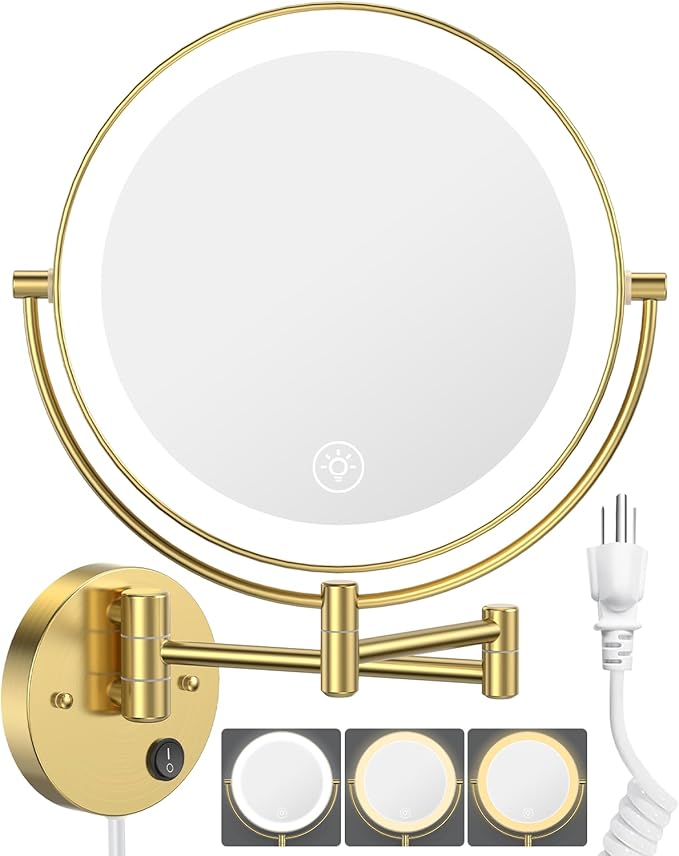 Benbilry 9" Large Wall Mounted Lighted Makeup Mirror, 1X/10X Magnifying 2-Sided AC Plug-in Powered Bathroom Mirror with 3 Color Lights, Touch Dimmable, Extended Arm 360° Rotation, 【Gold】