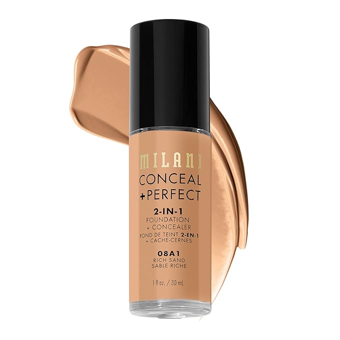 Milani Conceal + Perfect 2-in-1 Foundation + Concealer for a Flawless Complexion, Under Eye Corrector, Cover Redness and Imperfections, Waterproof and Sweatproof - Rich Sand