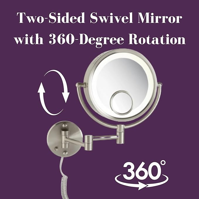 JERDON Plug in Lighted Wall Mount Makeup Mirror - 1X/7X/15x Magnification - Nickel Finish - Model HL8515N