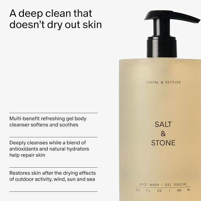 Salt & Stone Body Wash with Antioxidants for Deep Moisture | For Women & Men, Sulfate, Paraben, & Dye Free, Leaving Skin Soft and Hydrated | Santal & Vetiver 32 fl oz
