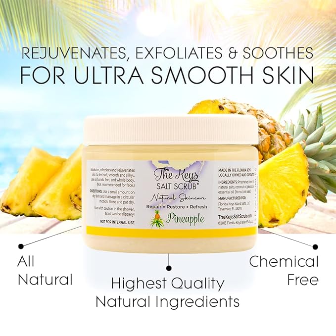The Keys Salt Scrub -Sea Salt Scrub - Exfoliating Body Scrub with Wooden Spoon - Moisturizing Exfoliator for Hands, Foot, Bath, (Pineapple) (12 Fl Oz (Pack of 1), Pineapple)