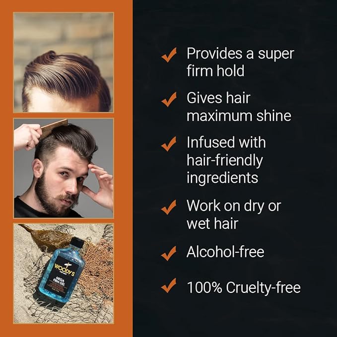 Woody's Mega Firm Hair Gel for Men, Strong Hold, Alcohol-Free, No Flakes, Men's Hair Gel for Strong Hold Styling, Mens Styling Gel - 12 fl oz