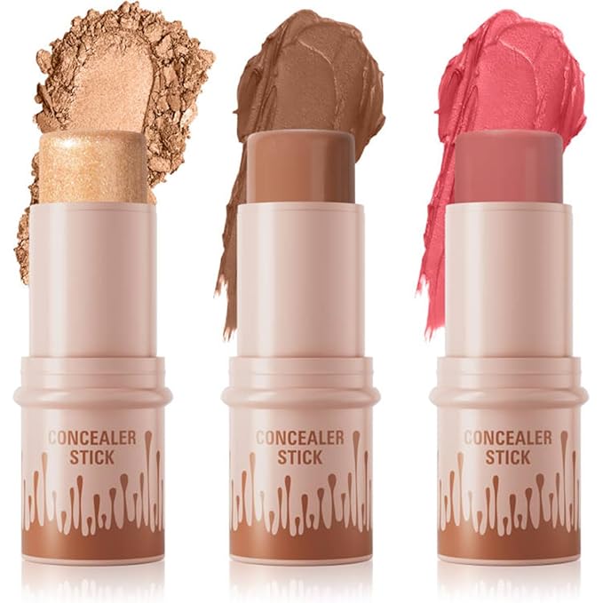 3Pcs Contour Stick Set-Creamy Contour Stick with Blush & Highlighter & Bronzer Not Greasy, Long-Lasting, Waterproof, Contouring Pen Easy to Contour the Face (B)