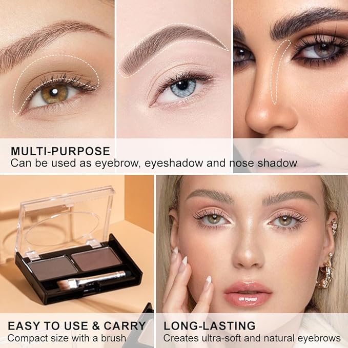 Eyebrow Powder Kit, Long-Lasting Waterproof Two Colors Matte Brow Powder, Eye Brow Powder for Women with Double-ended Eyebrow Brush, Purse-Friendly Compact (A02# Dark Brown+Grey, 1Pcs)