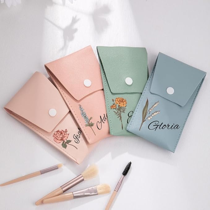 callie Personalized Makeup Brush Set, Custom Birth Flower Travel Cosmetic Makeup Brush Set with Bag Holder Case, Birthday Gift for Women (8 Brushes)