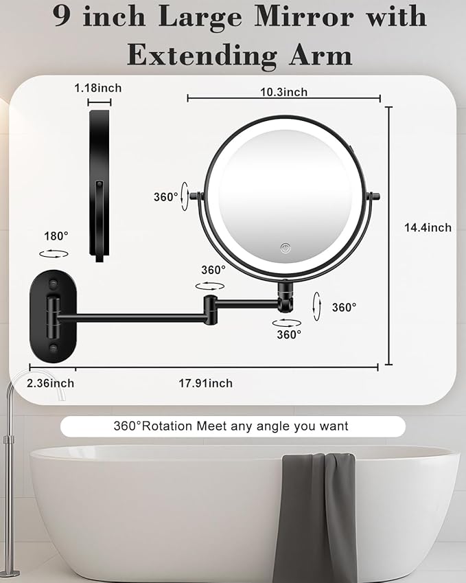 30X/1X Wall Mounted Lighted Makeup Mirror, 9'' Height Adjustable Double Sided 5000mAh Rechargeable Magnifying Bathroom Mirror with Light, 3 Color Modes Touch Dimmable Extended Arm 360 Rotation