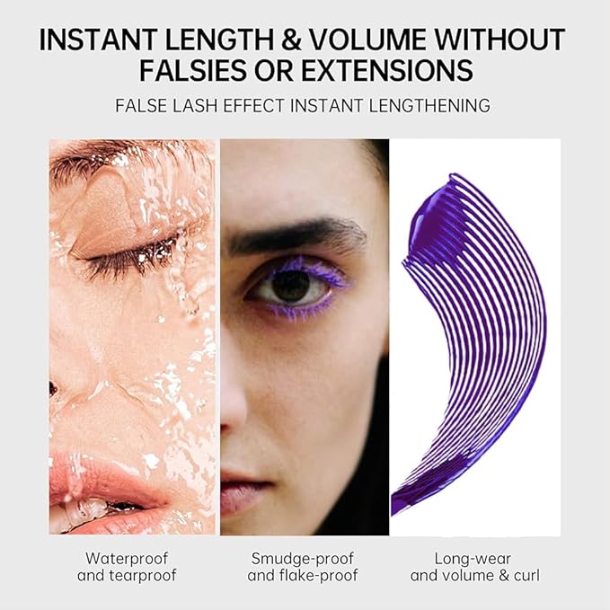Purple mascara for eyelashes Waterproof,Royal Eyelash Mascara Long lasting Charming Voluminous Cruelty Free Vegan Eye Makeup Eyelashes for Women (Purple)