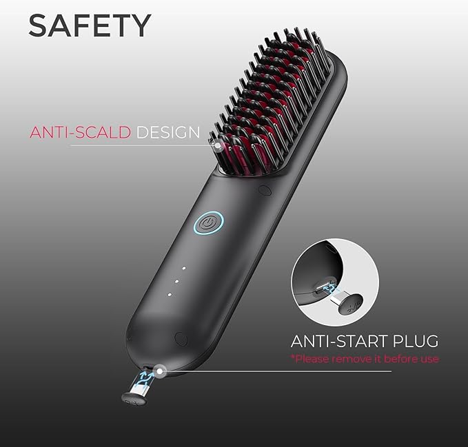 TYMO Porta Cordless Hair Straightener Brush, Portable Mini Straightening Brush for Travel, Negative Ion Hot Comb Hair Straightener for Women, Lightweight to Carry Out, USB Rechargeable, Black